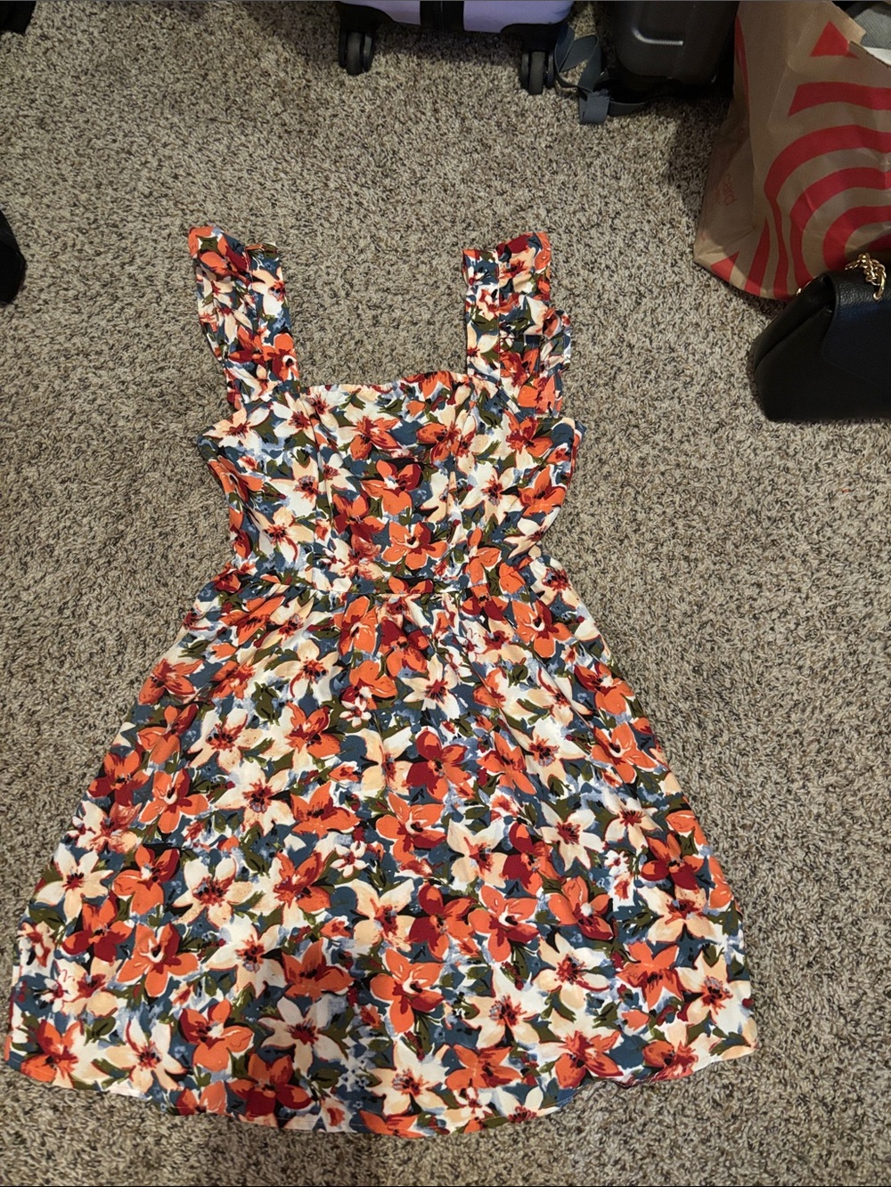 Floral Ruffle Strap Sundress in Orange and Cream